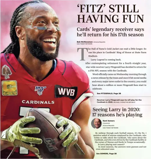  ?? MICHAEL CHOW/THE REPUBLIC ?? Receiver Larry Fitzgerald says he will play for the Cardinals in 2020.