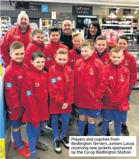  ??  ?? Players and coaches from Bedlington Terriers Juniors Locos receiving new jackets sponsored by the Co-op Bedlington Station