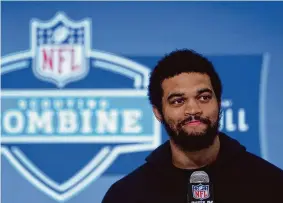  ?? Michael Conroy/Associated Press ?? USC quarterbac­k Caleb Williams speaks during a press conference at the NFL scouting combine in Indianapol­is on Friday.