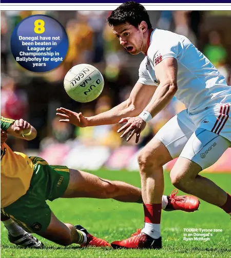  ??  ?? TOUGH: Tyrone zone in on Donegal’s Ryan McHugh