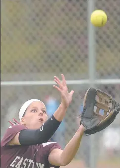  ?? TIM COOK/THE DAY ?? East Lyme’s Morgan Lloyd makes a catch in center during the seventh inning of Wednesday’s game against Fitch. Fitch beat the Vikings 2-1.