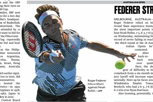  ?? —AFP ?? Roger Federer hits a return against Noah Rubin.