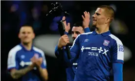  ?? City. Photograph: Joe Toth/Rex/Shuttersto­ck ?? Harry Clarke of Ipswich Town struggles to get his selfie on after the 3-2 win over Bristol