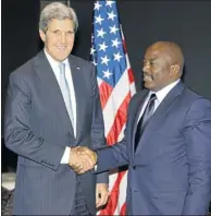  ?? Picture: REUTERS ?? SIGNATORY: US Secretary of State John Kerry shakes hands with Democratic Republic of Congo President Joseph Kabila at the Palace Hotel in New York during the United Nations General Assembly this week.