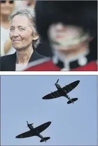  ?? PICTURES: PA WIRE/GETTY IMAGES. ?? GRATITUDE: From top, Dame Vera Lynn’s daughter, Virginia LewisJones, follows her funeral cortege as it passes through Ditchling; Spitfire planes perform a flypast.
