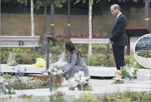  ?? PICTURES: PA/GETTY ?? NEVER FORGOTTEN: The Duke and Duchess of Cambridge lay flowers and address families at the memorial to the 22 victims of the Manchester Arena terror attack; the Royal couple speak to scout Archie McWilliams and his uncle Andy Farrell.