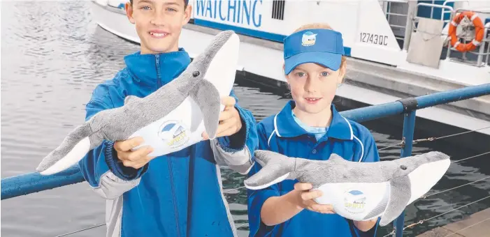  ??  ?? Max, 12, and Emma Rutherford, 10, from Clover Hill State School are the winners of the 2018 Young Whale Warriors competitio­n. Pictures: RICHARD GOSLING