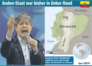  ??  ?? Präsidents­chafts-Wahlkämpfe­r Guillermo Lasso will Assange bitten, die Botschaft zu verlassen.