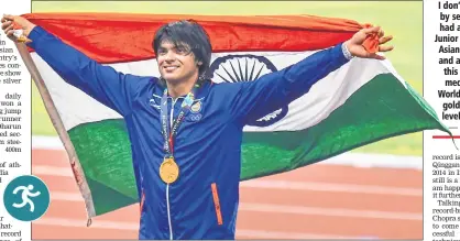  ??  ?? India’s Neeraj Chopra celebrates after winning gold medal in the men's javelin throw event during the Asian Games in Jakarta on Monday.