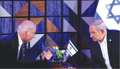  ?? (Evelyn Hockstein/Reuters) ?? PRIME MINISTER Benjamin Netanyahu meets with US President Joe Biden in Tel Aviv in October.