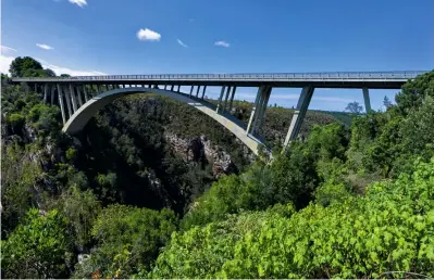  ??  ?? Sony NEX-7 | 18 mm/KB (10-18 mm) | ISO 100 | f/10 | 1/160 s Kontrapunk­t Die Storms River Bridge am Ostkap, Südafrika, setzt als moderne Bogenbrück­e einen Kontrapunk­t zur Natur. Die schräg angeordnet­en Streben leiten das Gewicht der Fahrbahn auf den Bogen um.