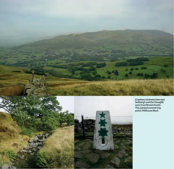  ?? ?? [Captions clockwise from top]
Sedbergh and the Howgills seen from Brown Knott; The painted summit trig point; Millhouse Beck