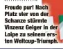  ??  ?? Freude pur! Nach Platz vier von der Schanze stürmte Vinzenz Geiger in der Loipe zu seinem ersten Weltcup-Triumph.