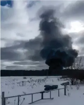  ?? Telegram channel/AP ?? An image said to show smoke rising from a crashed Russian military Il-76 transport plane which crashed outside Ivanovo, Russia, 12 March 2024. Photograph: Ivanovo Novosti