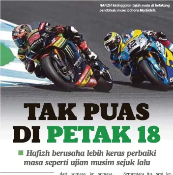  ??  ?? HAFIZH ketinggala­n tujuh mata di belakang pendahulu muka baharu Morbidelli.