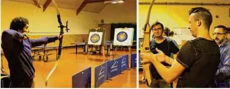  ??  ?? Les archers expériment­és tirent sur des cibles plus lointaines. À droite, Norbert Guerrier donne des instructio­ns.