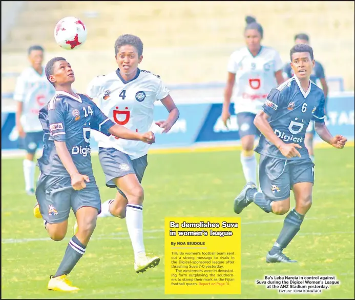  ?? Picture: JONA KONATACI ?? Ba’s Leba Nareia in control against Suva during the Digicel Women’s League at the ANZ Stadium yesterday.