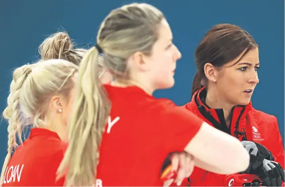  ?? Picture: Getty. ?? Anna Sloan, Lauren Gray and Eve Muirhead look on anxiously as GB slip to their third defeat of the PyeongChan­g Games.