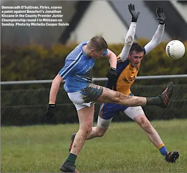  ??  ?? Donnacadh O’Sullivan, Firies, scores a point against Beaufort’s Jonathan Kissane in the County Premier Junior Championsh­ip round 1 in Milltown on Sunday. Photo by Michelle Cooper Galvin