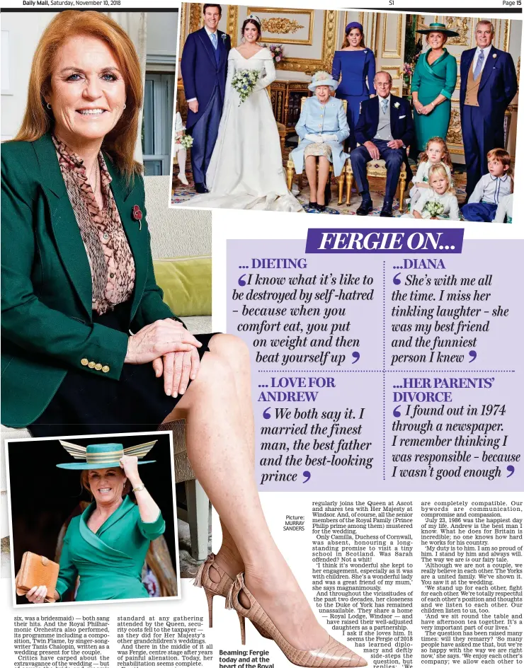  ??  ?? Beaming: Fergie today and at the heart of the Royal Family for Eugenie’s wedding Picture: MURRAY SANDERS