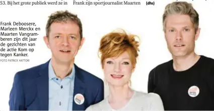  ?? FOTO PATRICK HATTORI ?? Frank Deboosere, Marleen Merckx en Maarten Vangramber­en zijn dit jaar de gezichten van de actie Kom op tegen Kanker.