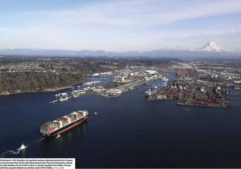  ?? AP/TED S. WARREN ?? IN this March 5, 2019, file photo, the Cape Kortia container ship heads into the Port of Tacoma in Commenceme­nt Bay. The US trade deficit jumped nearly 19 percent in December, pushing the trade imbalance for all of 2018 to widen to a decade-long high of $621 billion. The gap with China on goods widened to an all-time record of $419.2 billion.