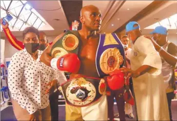  ??  ?? New champ… Namibian boxer Lukas ‘The Demolisher’ Ndafoluma was on Saturday crowned the new WBO Africa middleweig­ht champion.