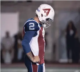  ?? CANADIAN PRESS FILE PHOTO ?? Alouettes quarterbac­k Johnny Manziel pauses during third-quarter Canadian Football League action against the Hamilton Tiger-Cats in Montreal on Aug. 3.