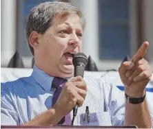  ?? STAFF PHOTO ABOVE BY PATRICK WHITTEMORE, RIGHT, HERALD FILE PHOTO ?? AIMING FOR SHOWDOWN: State Senate Minority Leader Bruce Tarr, above, speaks last Saturday at a State House rally in opposition to Attorney General Maura Healey’s implementa­tion of a ban on the sales of copycat assault rifles.