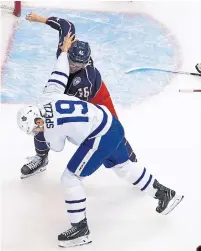  ?? ANDRE RINGUETTE/FREESTYLE PHOTO GETTY IMAGES ?? Leafs forward Jason Spezza dropped the gloves against Dean Kukan of the Blue Jackets on Friday night.