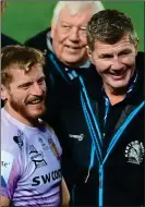  ??  ?? EX FACTOR: Baxter and Steenson are all smiles after grinding out the win