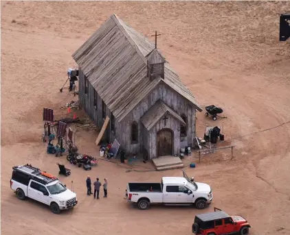  ?? ?? This aerial photo shows the movie set of “Rust” at Bonanza Creek Ranch in Santa Fe, N.M., on Saturday, October 23, 2021. Photo: AP/Jae C. Hong, File.