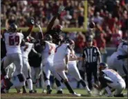  ?? JASON BEHNKEN — THE ASSOCIATED PRESS ?? Buccaneers kicker Chandler Catanzaro kicks the gamewinnin­g 59-yard field goal in overtime against the Browns on Oct. 21 in Tampa, Fla.