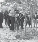  ?? HARTFORD POLICE DEPARTMENT/COURTESY ?? Surrounded by members of the community, Laura Suazo clasps her hands while Sgt. Anthony Rykowski works the shovel at a tree planting at Pope Park in Hartford on Tuesday. Suazo sees the tree as a sign of hope that someday her missing son will be found.