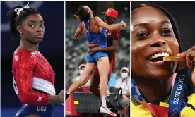  ??  ?? Simone Biles; Gianmarco Tamberi and Mutaz Barshim; Elaine Thompson-Herah. Composite: Guardian