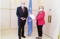  ??  ?? Zimbabwe’s Permanent Representa­tive to the United Nations Office in Switzerlan­d Mr Stuart Comberbach presents his letters of credence in Geneva yesterday