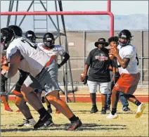  ?? Gabriella Benavidez ?? Las Vegas Review-journal @latina_ish Elijah Hicks, right, looks for an opening during practice Tuesday at Las Vegas High. The Wildcats have not lost to Rancho in 21 years.