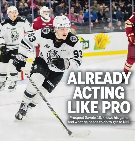  ?? COURTESY OF DOMINIC CHARETTE/GATINEAU OLYMPIQUES ?? Hawks forward prospect Samuel Savoie has 50 points in 44 games in his third season playing junior hockey in Canada.