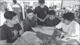  ?? Buy these photos at YumaSun.com PHOTOS BY RANDY HOEFT/YUMA SUN ?? A COMMON SCENE ON THE FIRST DAY OF SCHOOL IS TO COMPARE class schedules as these Gila Ridge High School students do shortly before the start of their first class Thursday morning.