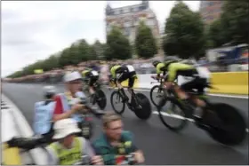  ?? THIBAULT CAMUS - THE ASSOCIATED PRESS ?? Mitchelton Scott team strains during the second stage of the Tour de France cycling race, a team time trial over 27.6 kilometers (17 miles) with start and finish in Brussels, Belgium, Sunday, July 7, 2019.