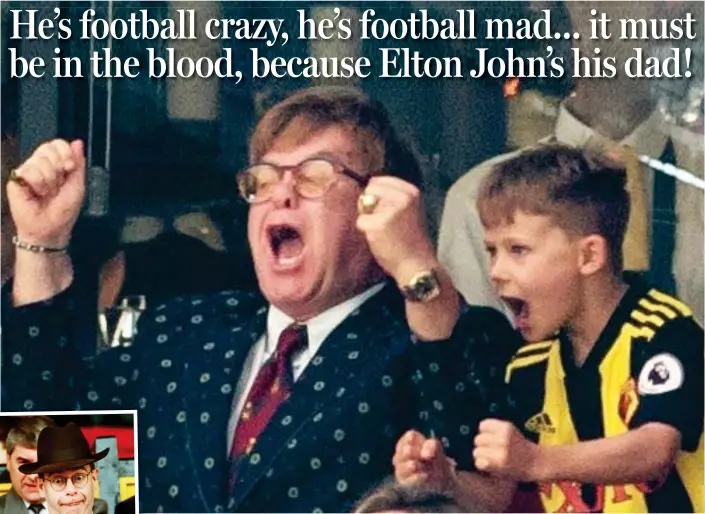  ??  ?? Buzzing: Sir Elton John and his seven-year-old son Zachary celebrate as Watford defeat Tottenham Hotspur yesterday