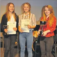  ??  ?? Charlie Pleming, Ruby Tilling and Hannah Hunter at the Ardnamurch­an awards ceremony.