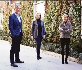  ?? Tyler Sizemore / Hearst Connecticu­t Media file photo ?? Oak HC/FT co-founders and managing partners Andrew Adams, left, Patricia Kemp, center, and Annie Lamont stands outside their firm’s then-offices at Pickwick Plaza in Greenwich on March 8, 2021. The venture capital firm has relocated its offices to 2200 Atlantic St. in Stamford.