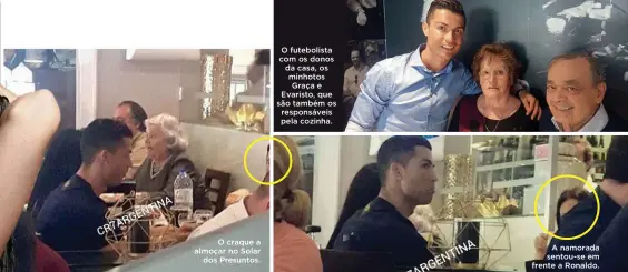  ??  ?? O craque a almoçar no Solar
dos Presuntos. O futebolist­a com os donos da casa, os minhotos Graça e Evaristo, que são também os responsáve­is pela cozinha. A namorada sentou-se em frente a Ronaldo.