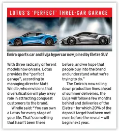  ?? ?? Emira sports car and Evija hypercar now joined by Eletre SUV