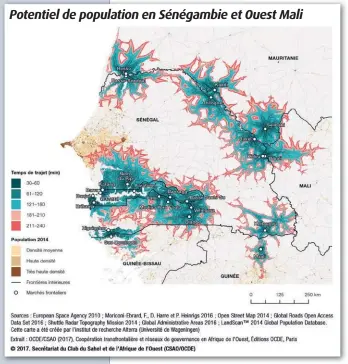  ??  ?? Ci-dessus : Cette carte réalisée pour le Secrétaria­t du Club du Sahel et de l’Afrique de l’Ouest (OCDE) met en évidence les population­s situées à proximité des frontières du Sénégal et de la Gambie, en fonction des temps de trajet à la frontière et des foyers de peuplement. Un Africain de l’Ouest sur cinq vit à moins de 50 km des 32 000 km de frontières terrestres régionales.