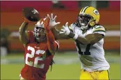  ?? SCOT TUCKER — THE ASSOCIATED PRESS FILE ?? San Francisco 49ers cornerback Jason Verrett (22) intercepts a pass in front of Green Bay Packers wide receiver Davante Adams (17) in Santa Clara on Thursday, Nov. 5, 2020.