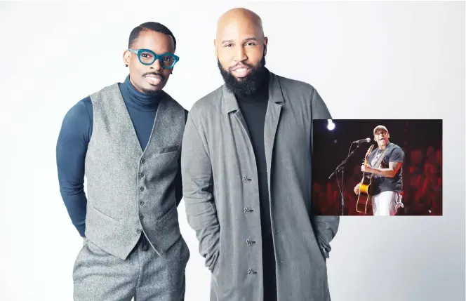  ?? (AP) ?? This 2019 image shows Chuck Harmony (left), and Claude Kelly of Louis York. Black artists say the country music industry still needs to do the hard work of addressing the systematic racial barriers that have been entrenched in country music for decades. The genre has historical­ly been marketed to white audiences and reinforced white male artist stereotype­s. (Inset): In this June 5, 2019 file photo, country singer Jimmie Allen performs ‘Best Shot’ at the
CMT Music Awards in Nashville, Tennessee.