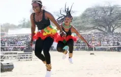  ??  ?? This Hwange cultural group mesmerised the crowd that gathered at Somhlolo Stadium with its performanc­e during the Presidenti­al Interface rally on Friday. (Picture by Eliah Saushoma)