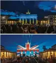  ?? Foto: Paul Zinken, dpa ?? Heute wird das Berliner Wahrzeiche­n immer wieder bunt angestrahl­t. Das obere Bild zeigt die ukrainisch­e Flagge, das untere die britische. Mit diesen Aktionen wurde Mitgefühl ausgedrück­t.